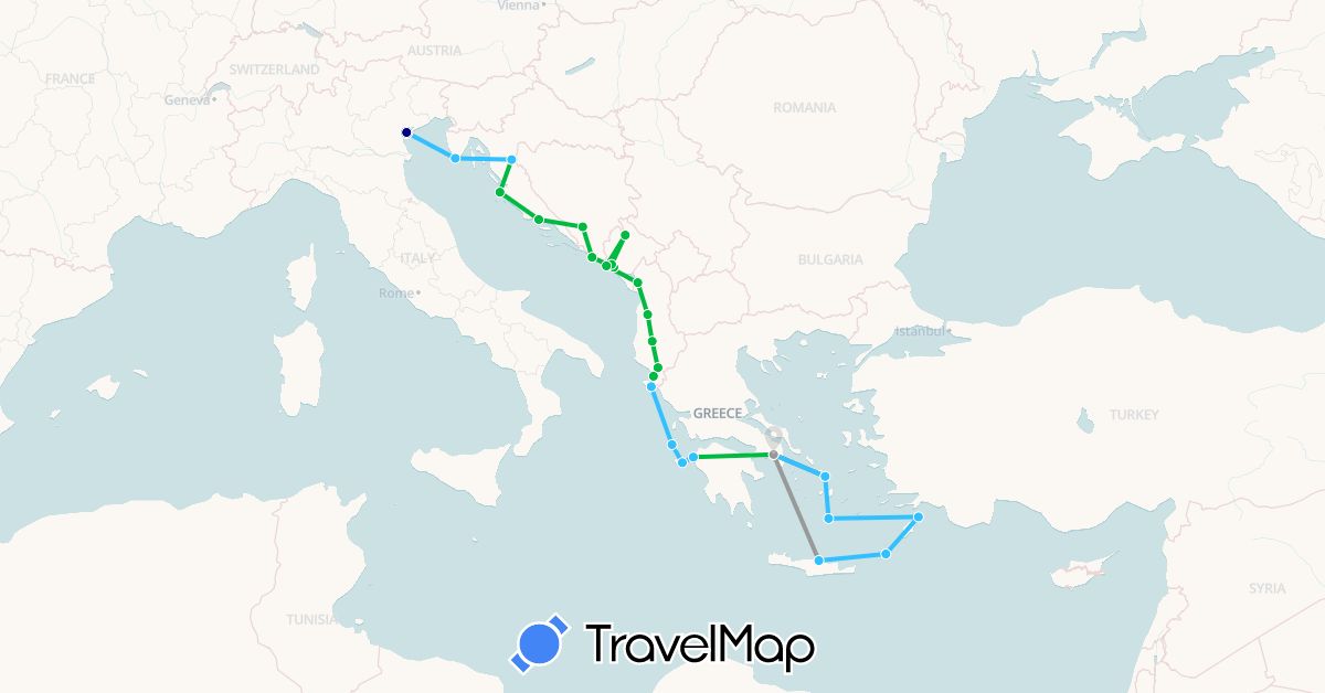 TravelMap itinerary: driving, bus, plane, boat in Albania, Bosnia and Herzegovina, Greece, Croatia, Italy, Montenegro (Europe)